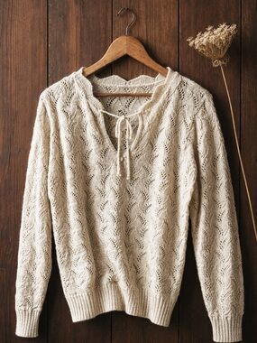 Cream Open Knit Lace Sweater Tie Neck Cottagecore Boho Top Medium
